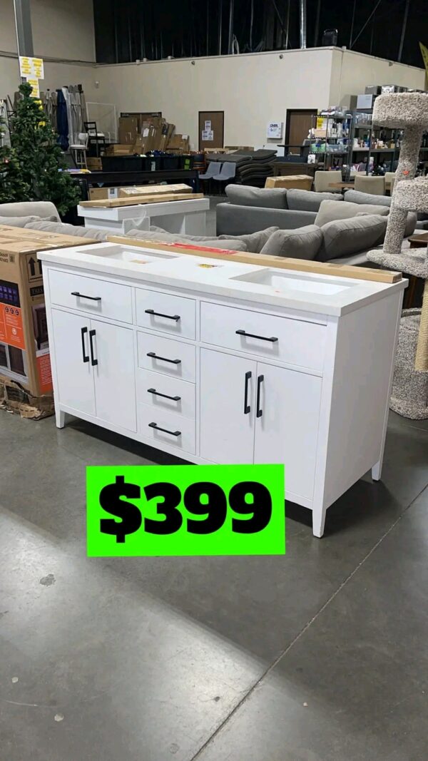 72" White Double Bathroom Vanity Cabinet Sparkle White Quartz Top & Square Sinks